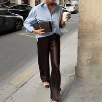 Linad élégant marron Satin pantalon à jambes larges femmes automne mode Beige taille haute pantalon rue Chic soie pantalons longs femme 2025 2