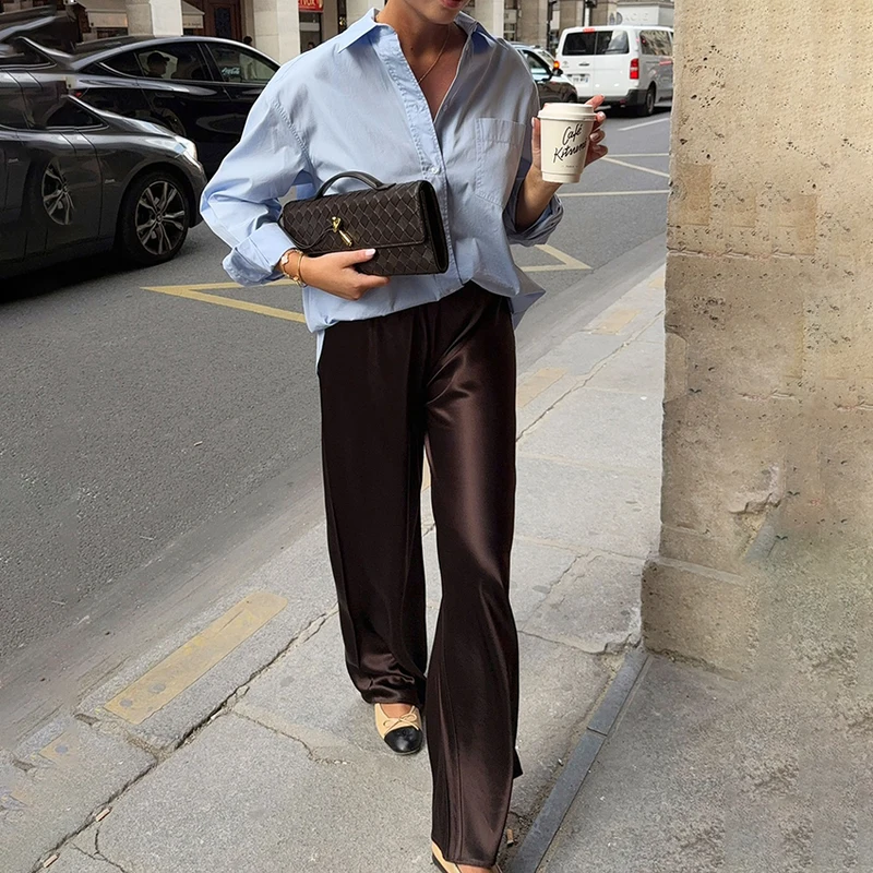 Linad Elegant Brown Satin Wide Leg Pants Women Autumn Fashion Beige High Waist Trousers Street Chic Silk Long Pants Female 2025