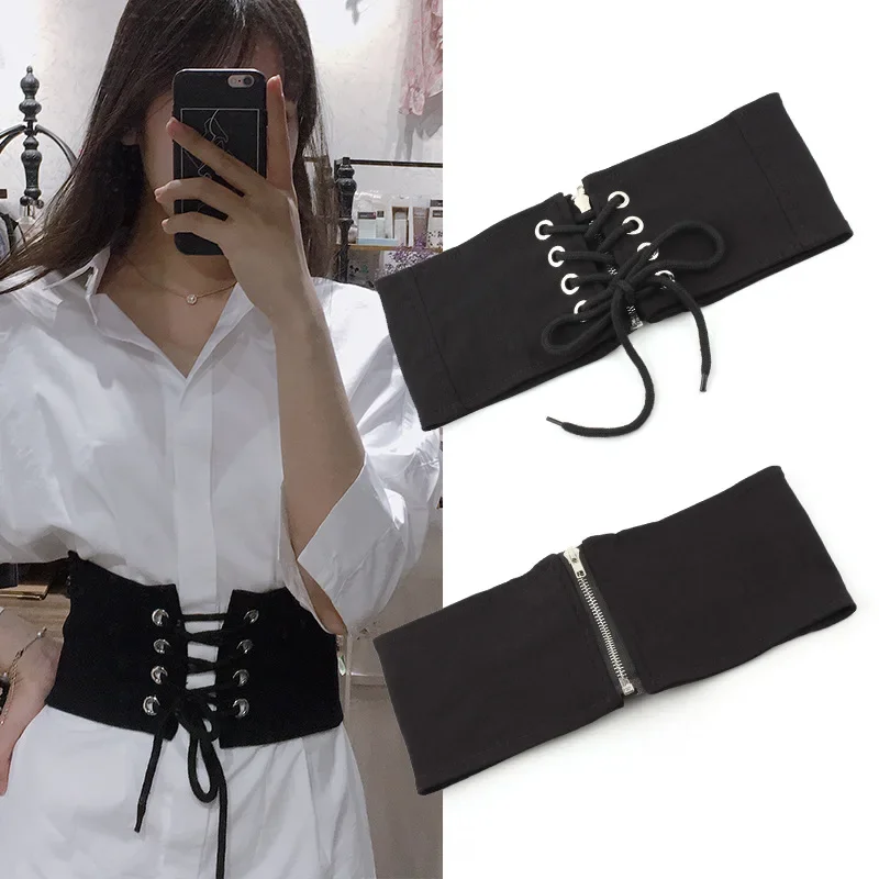 

Tempered Women's Wide Waistband with Black Leather Strap Versatile Daily Dress Shirt Embellished Waist Women's Wide Waistband