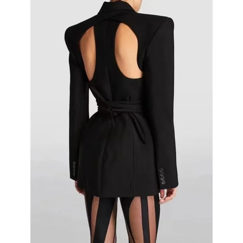Hollow Out Backless Blazers Women Notched Collar Long Sleeve Solid Straight Spliced Lace Up Sexy Female New launched dress