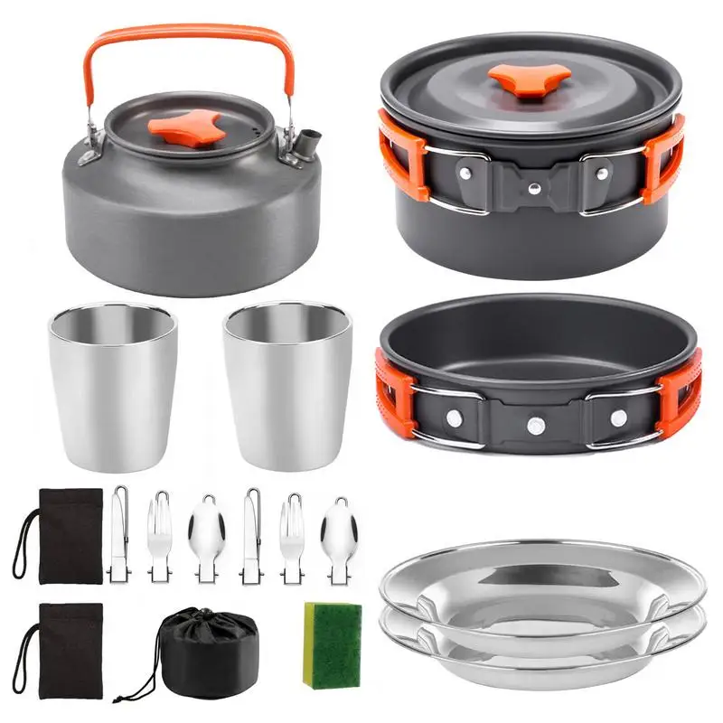 

Outdoor pot and teapot kit 2-3 people camping cookware portable picnic meal plate and pot kit Aluminum Cooking Set for travel