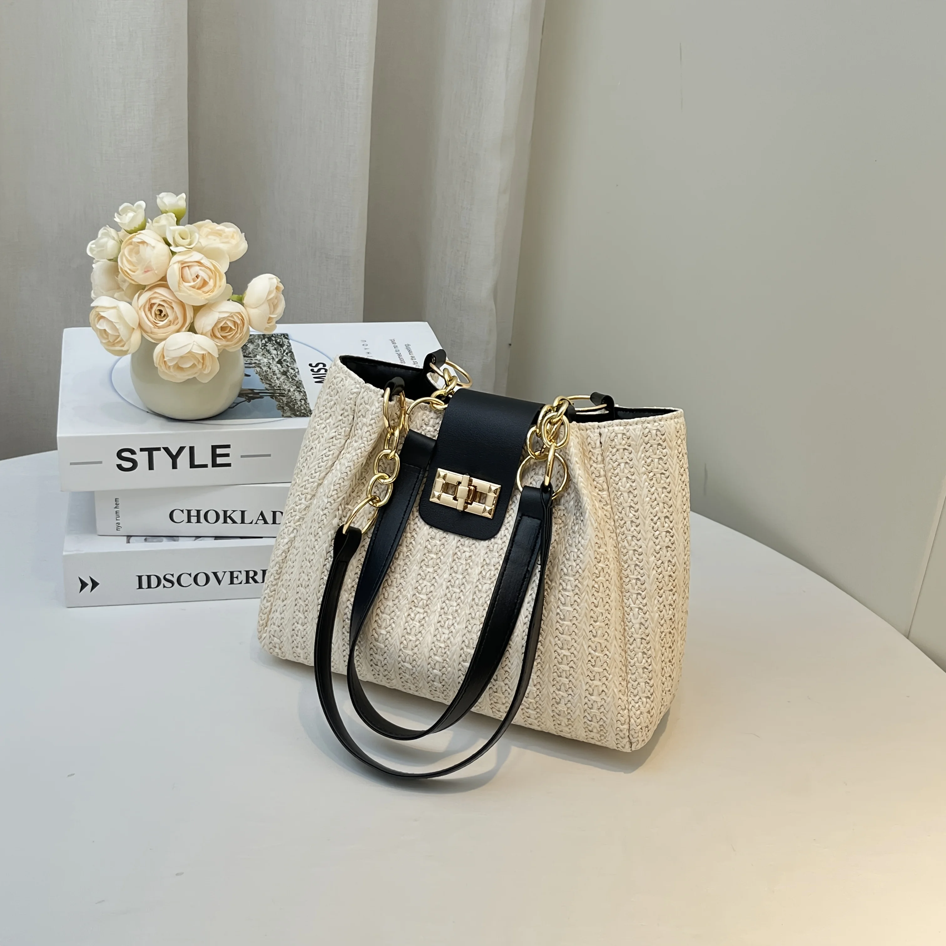 Elegant Women's Woven Fabric Shoulder Bag with Adjustable Chain Strap Front Flap Button Closure Professional Use, Woven Handbag