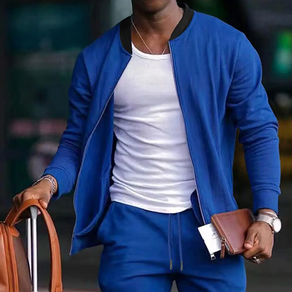 

Solid Color Jacket Versatile Men's Cardigan Stand Collar Zipper Closure Pockets Casual Mid Length Jacket for Fall Spring Easy