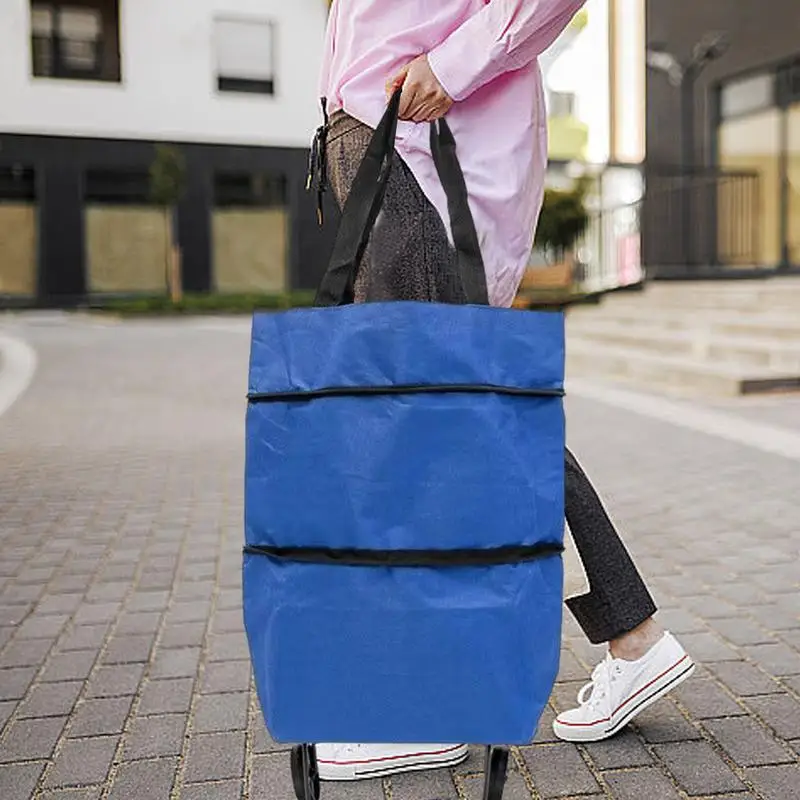 Foldable Utility Tote Bag Lightweight Rolling Shopping Bag 2 In 1 Large Capacity With Wheels Reusable Foldable Oxford Cloth