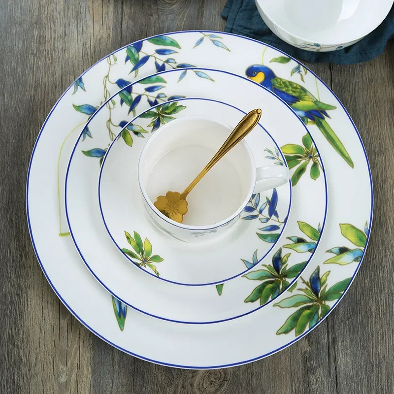 Porcelain Dinner Plate Set, Chinese Traditional Bird Dish, Ceramic Steak Plate, Illustration Dinnerware, Christmas Gift, 8 "