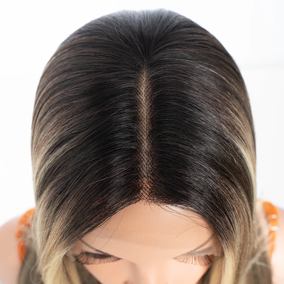 Straight Synthetic Lace Front Wigs For Women 24 inches Wig With Bangs Ombre Brown Blonde Lace Wigs Cosplay Wig synthetic wig