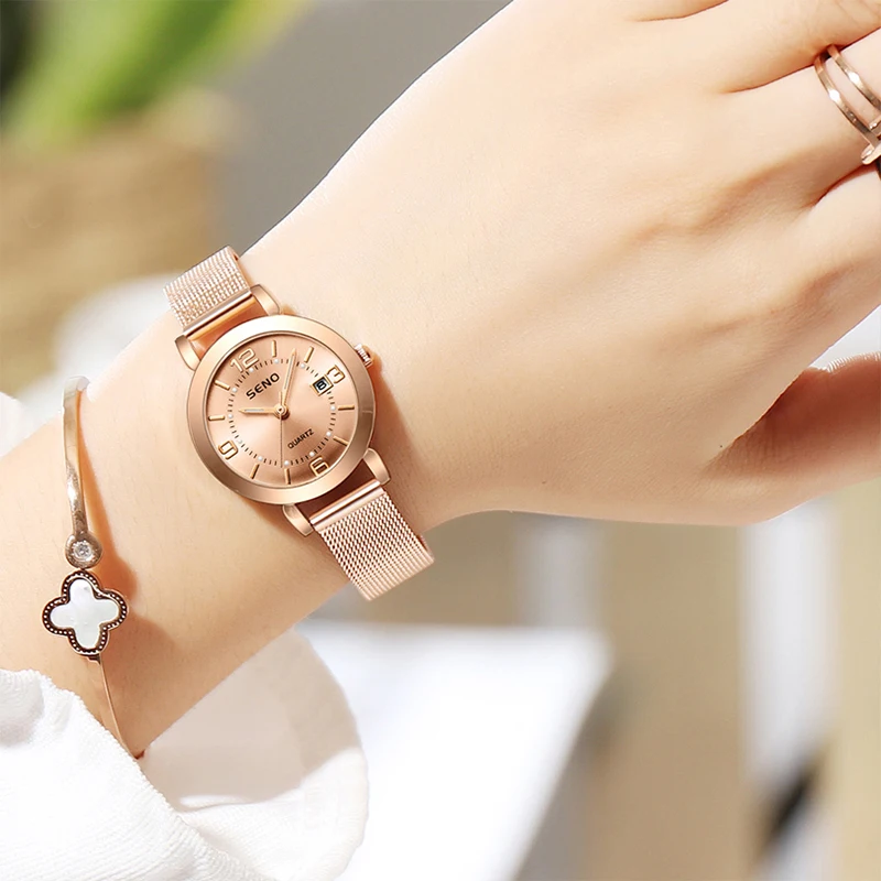 Seno Fashion Luxury Ladies Women'S Watches Mesh Band Quartz Watch With Free Strap Adjustment Tool
