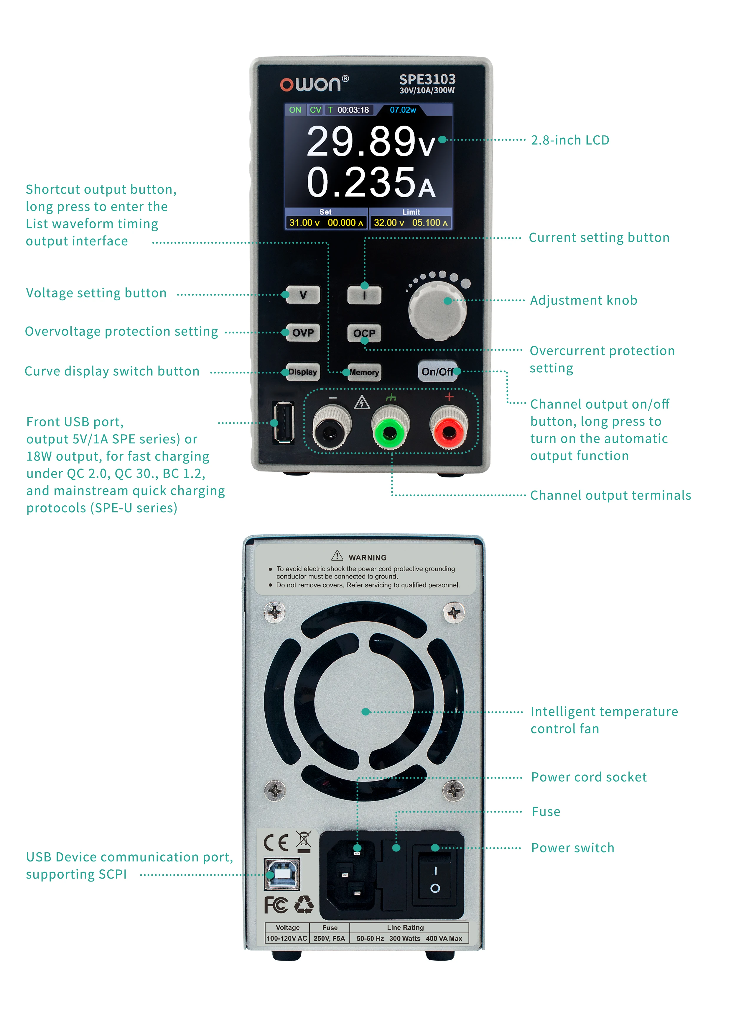 SPE Programmable DC Power Supply 300W 60V/10A 60V/5A 2.8" LCD 10mV/1mA Resolutio