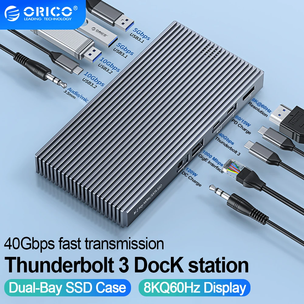 

ORICO USB C Thunderbolt3 HUB Multi-function Docking M.2 Case NVME SATA SSD 9 in 1 PD 60W 40GBPS DP 8K for MacBook TB3-S2