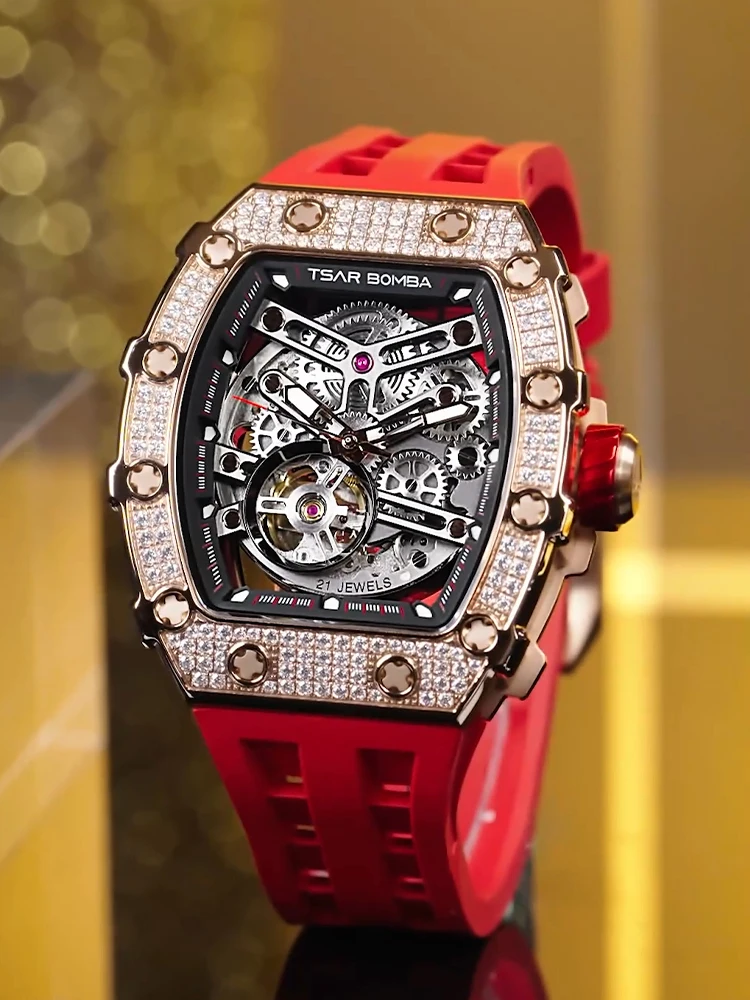 TSAR BOMBA Watches for Men Diamond Automatic Watches Luxury Mens Mechanical Watch White Wristwatch Waterproof Skeleton Clock 4