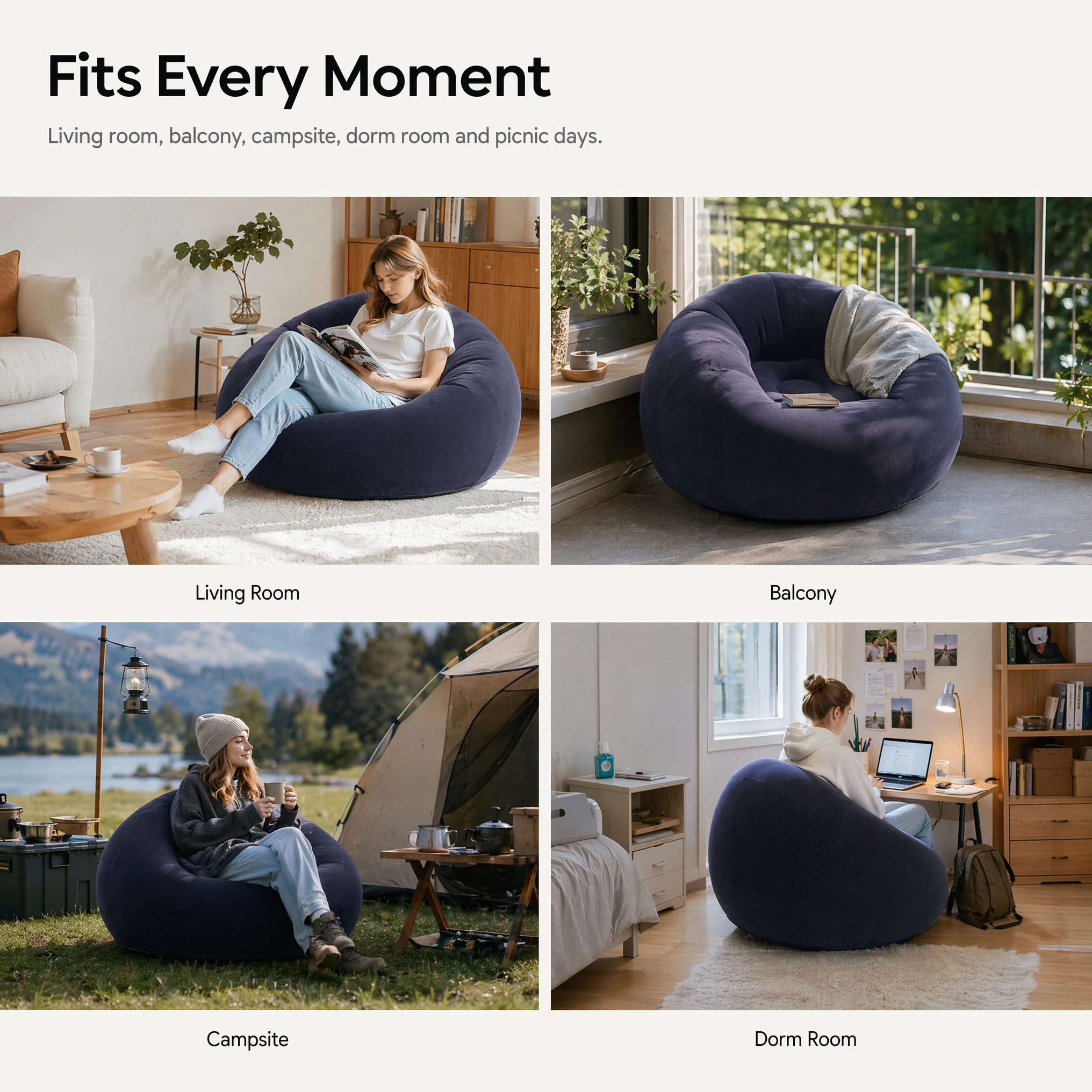 Flocking Inflatable Ball Sofa Portable Round Air Bean Bag Chair Foldable Leisure Inflatable Couch for Bedroom Living Room Indoor Home Furniture