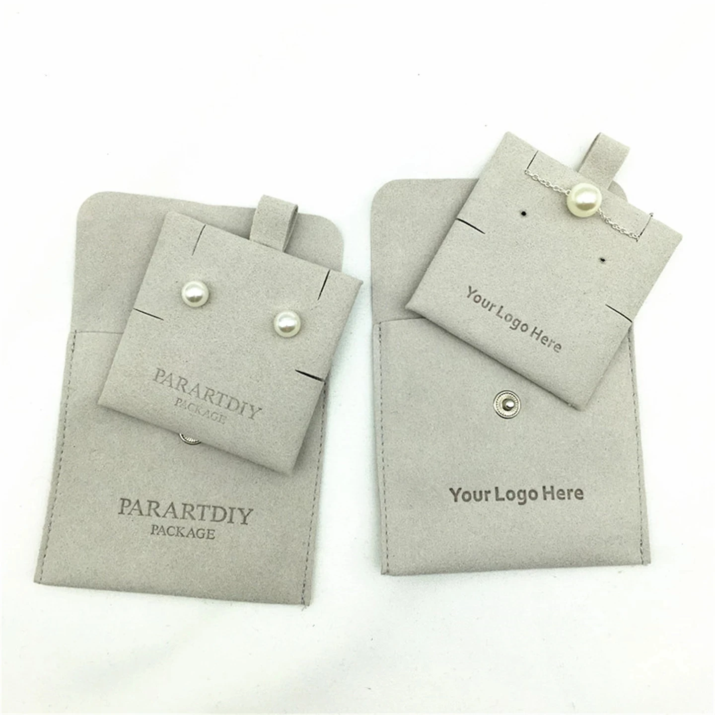 50 sets of gray personalized jewelry packaging bag custom logo button bag fashion small envelope bag necklace clip microfiber