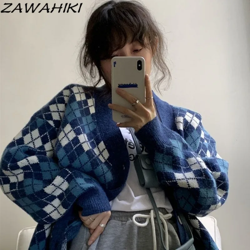 

ZAWAHIKI Japanese Vintage V-neck New Autumn Winter Knitted Cardigan Tops Loose Casual Preppy Plaid Button-up Women Sweaters