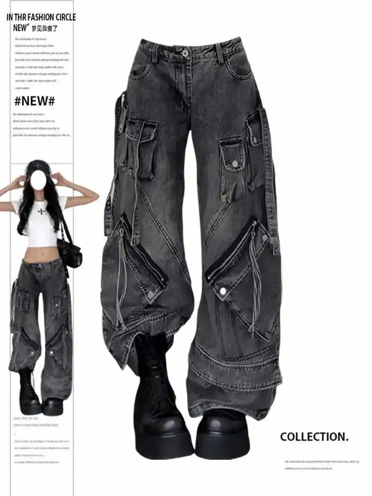 Women Black Jeans Cargo Pants Streetwear High Waist American Wide Leg Pants Fashion Y2K Style Female Winter Straight Trousers