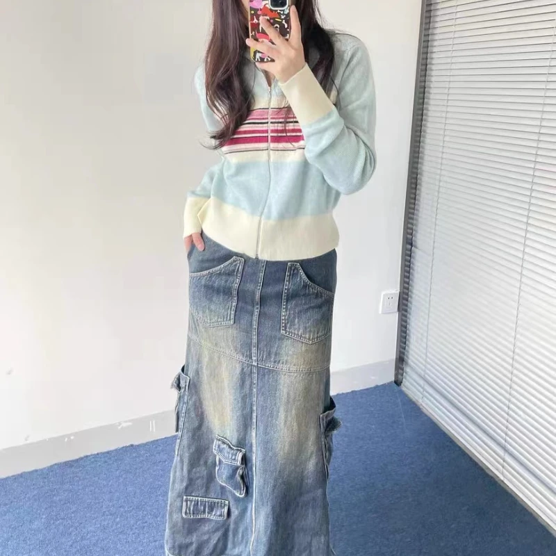 Deeptown 여성용 하라주쿠 스트라이프 스웨터, 빈티지 지퍼 니트 가디건, 한국 패션 스트리트웨어 니트웨어, 미적 슬림