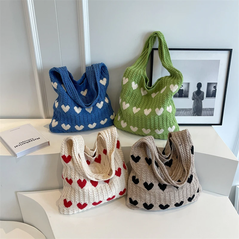 Heart Knitted Women's Bag Knit Eco Bag Korean Foldable