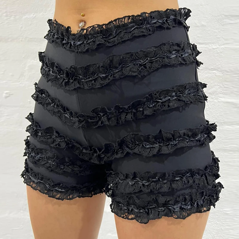 Y2K Cute Lace Trim Shorts Summer High Waist Slim Fit Wrap Bodycon Shorts Women Chic Vintage Fashion Black White Bottom Clothes