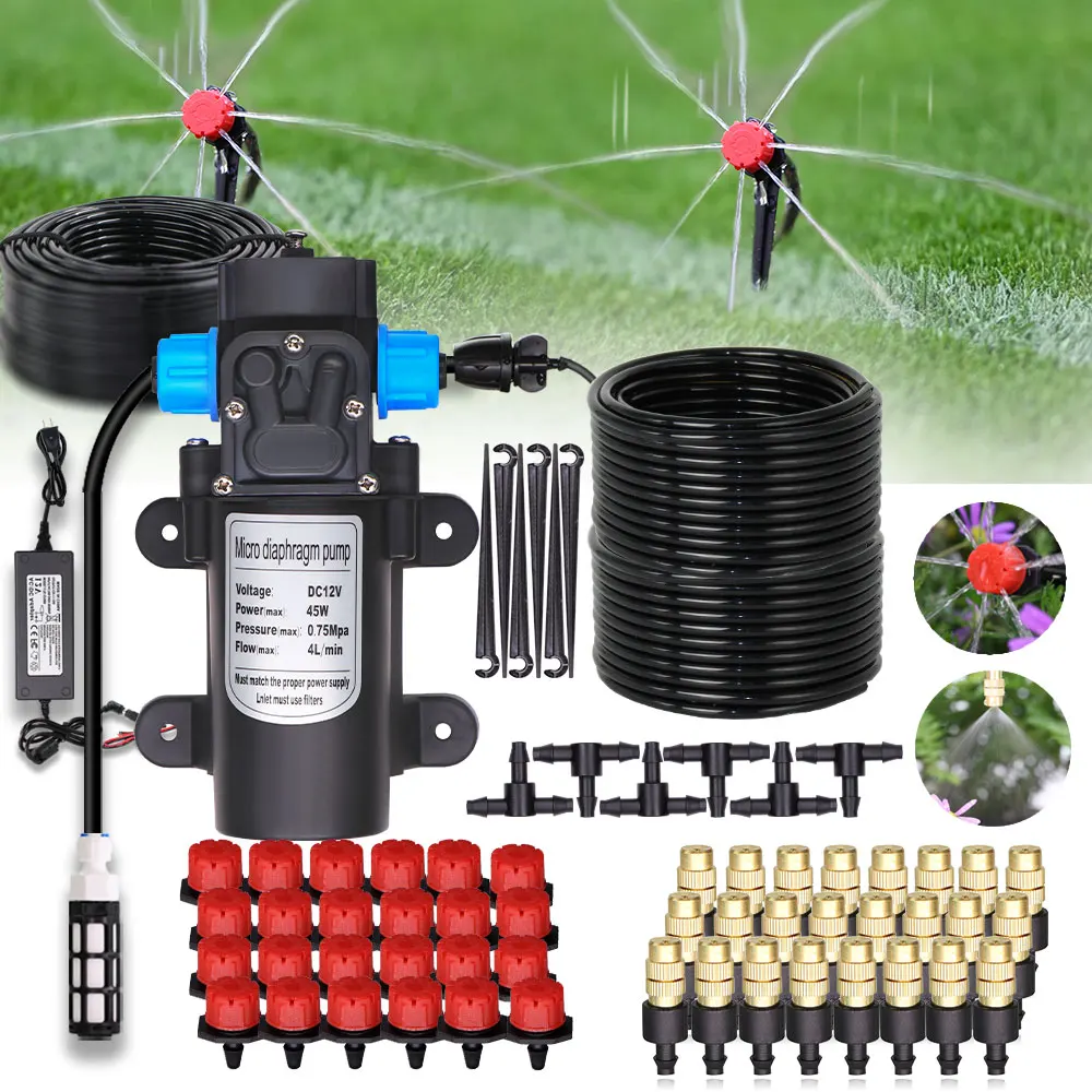 Garden Greenhouse Automatic Misting Cooling Irrigation Kit 45/60/80/100W Self-Priming Pressurize Water Pump Drip Watering System