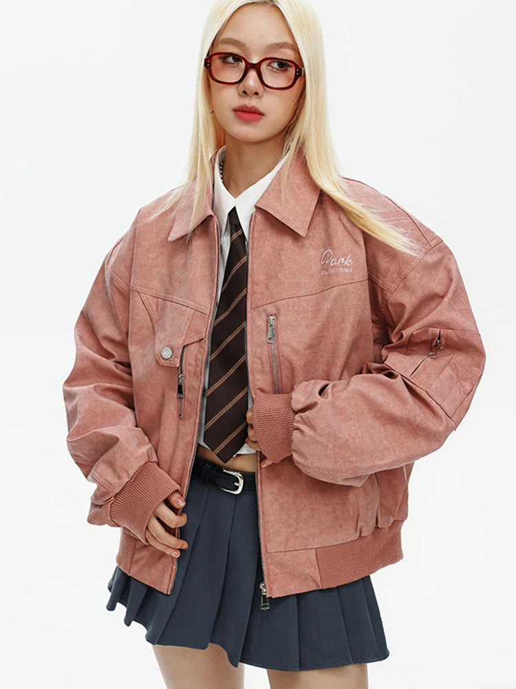 

2024 Spring Autumn Leather Jacket Polo Collar Long Sleeve Loose Coat Streetwear Motorcycle Coat Casual Women's Leather Jacket