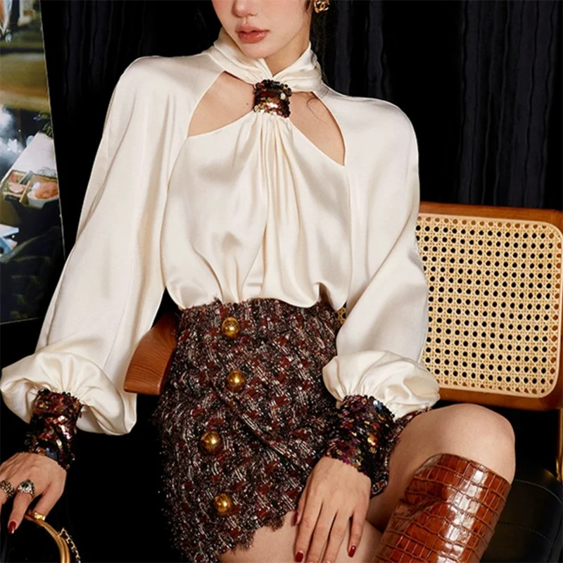 Spring Summer Elegant Fashion Hollow Out Long Sleeve Shirt Printed Buttons Mini Irregular Bodycon Skirt Set Women Blouse Skirts qoerlin designer chiffon shirts summer new 2023 elegant office buttons korean style women s blouses printed shirts tops s xxl