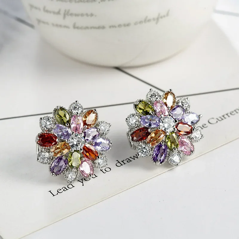 Ear Clip Earrings SODROV Rainbow Jewelry Colorful Crystal Zircon for Women Without Ear Hole