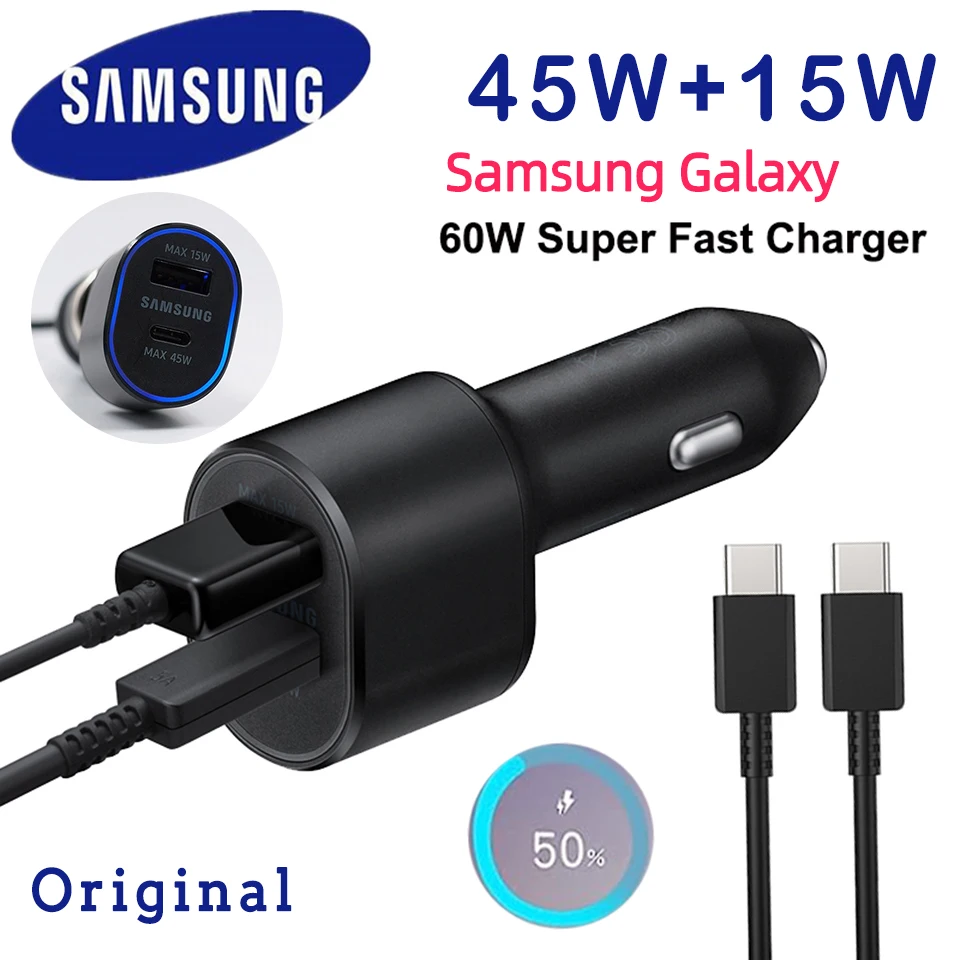 Phone Charger 60w Samsung Usb Car Charger Super Fast Charging 45w 15w 2 Port Usb C PD Auto Chargeur Galaxy S24 Ultra S23 S22 Note 20 A53 M54