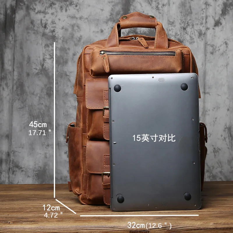 Backpack Men Vintage Genuine Leather Natural Cowhide Large Capacity Computer Bag Crazy Horse Skin Luggage Bag NZPJ
