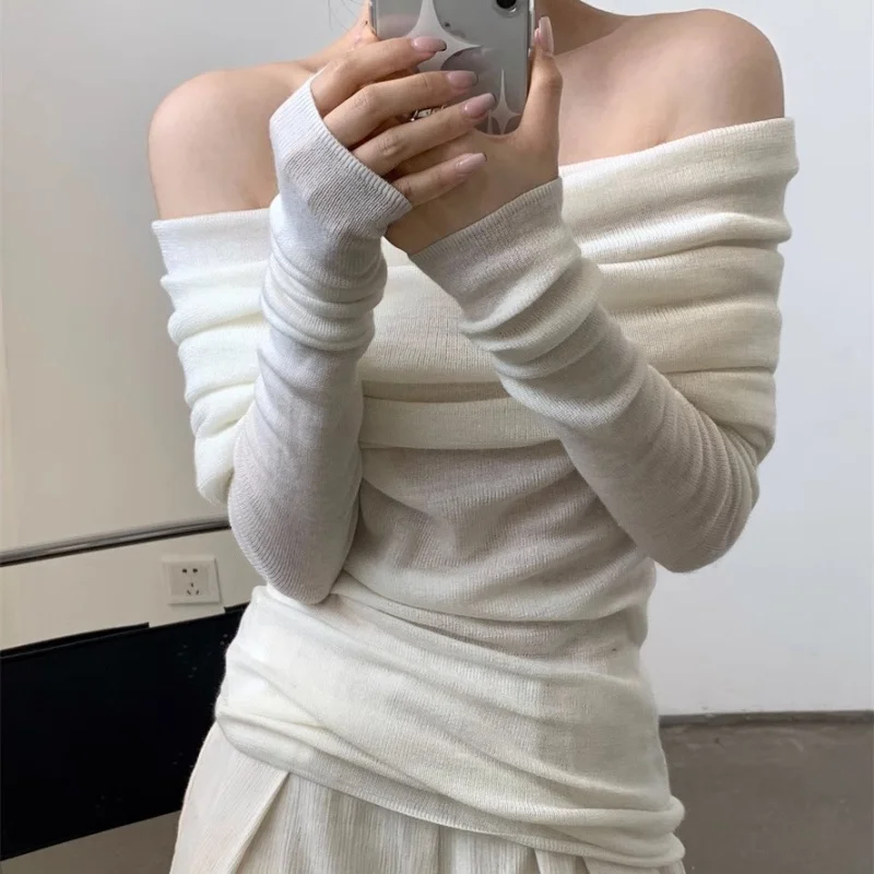 Women Long Sleeve Off Shoulder Knitted Sweater