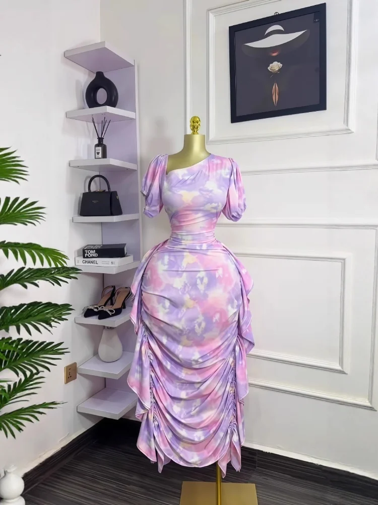 Wmstar Women Dresses Wholesale Puffed Sleeve Flower Print Slanted Collar, Printed Ruffled Tight and Elegant Dress New Dress