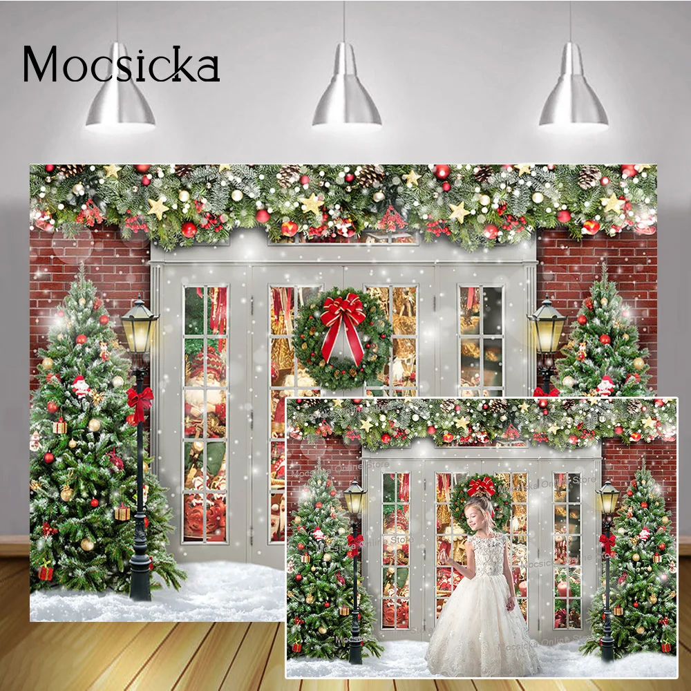 

Christmas Store Photo Background Green Xmas Trees Winter Portrait Backdrop for Photography Brick Wall Snow Street Photocall Prop