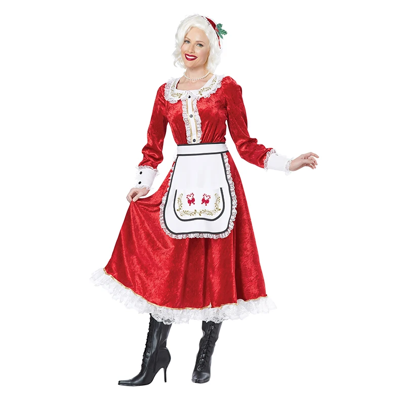 2024 Holiday Mrs Claus Lace Velvet Pinafore Dress Adult Christmas Costume Women's Ms. Santa Claus Adult Costume