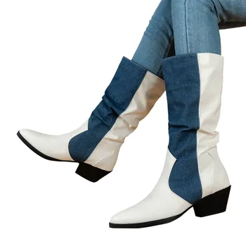 Cowboy Boots For Women Chunky Heel Fashion Slip On Vintage Women'S Casual Shoes Heel Mid Length Boots With Patchwork Boots 2