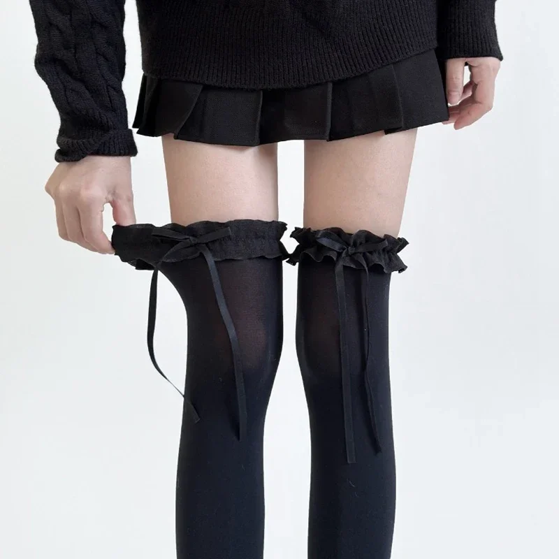 Women Lace Black White Ruffle Long Socks Women Girls Sweet Stockings JK Lolita Nylon Lace Leggings Over The Knee Bowknot Hosiery