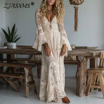 New Deep V Neck Embroidery Lace Woman Dress Spring Hollow Out High Waist Crochet Dresses Autumn Flare Sleeve Jacquard Long Dress 1