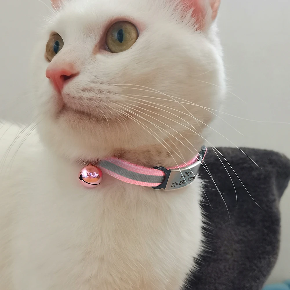 Customized Reflective Cat Collar with Free Engraved ID Nameplate, Bell & Anti-Lost Design