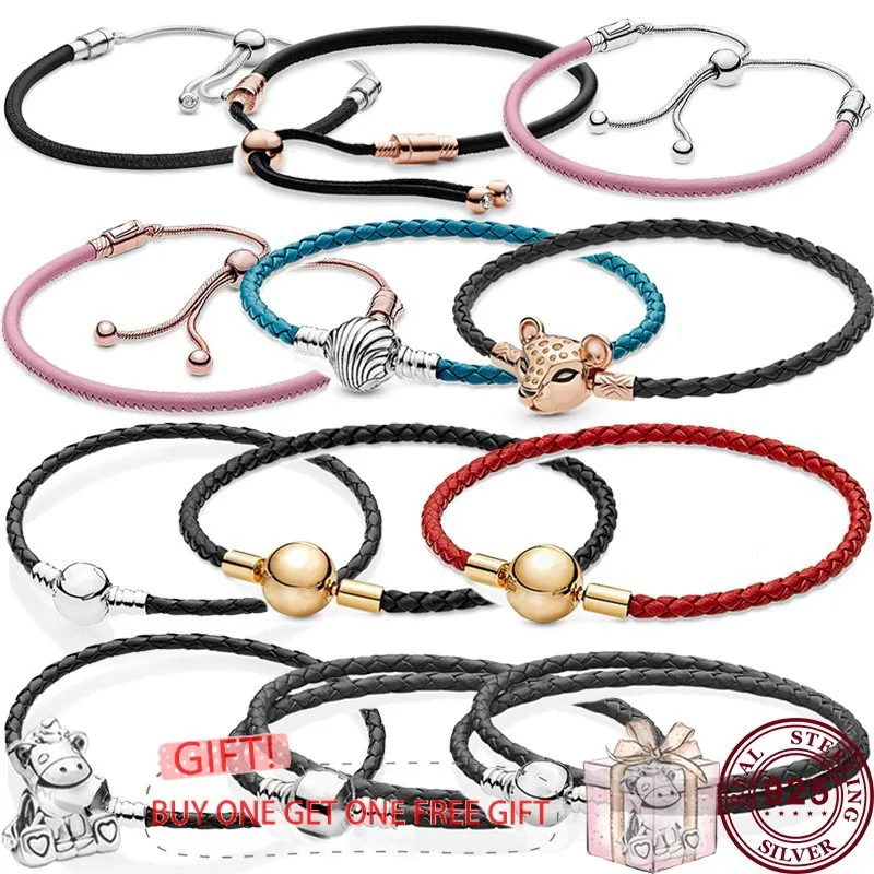 Top Sale 925 Sterling Silver Sliding Leather Woven Lion Pan Bracelet For Women Fit Original   Charm Beads Diy Jewelry Gift