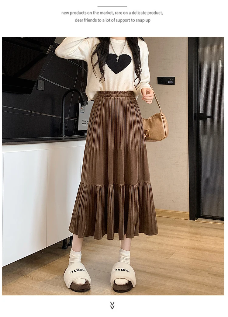 

Real Shot Gold Velvet Pleated High Waist Pleated Skirt Women's Autumn and Winter New A-Line Skirt in Long Skirt Loose Type