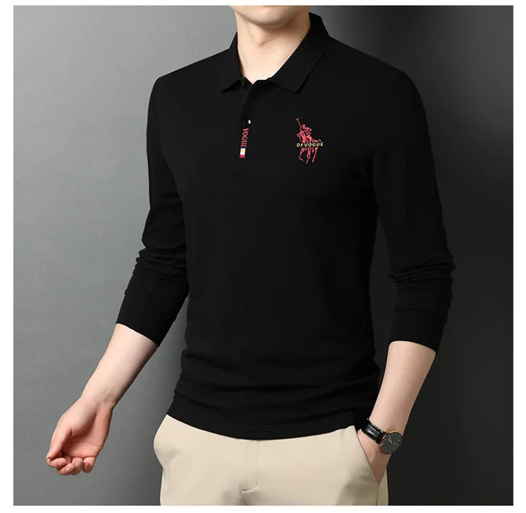 New Men's Solid Color Embroidery Lapel Long-sleeved T-shirt Men's Casual Business Outdoor Polo Shirt