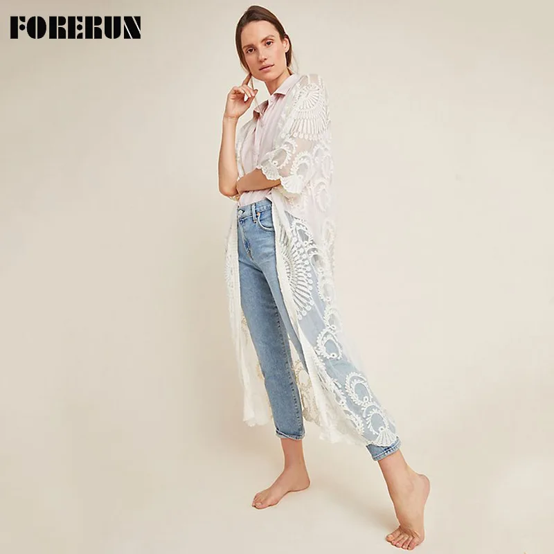 

FORERUN Lace Beach Cover Up for Women Summer Sexy Kimono Long See Through Cardigan Pareo Femme Swimwear Saida De Praia