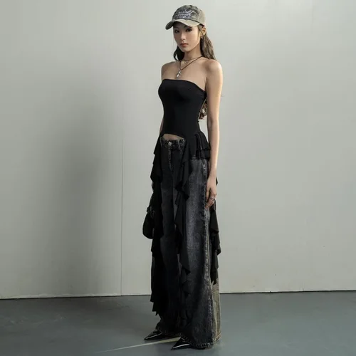NEONBABIPINK 비대칭 프린지 프릴 탑 Y2k Streetwear 블랙 Strapless 탱크 탑 여성 여름 옷 2023 N71-BF31 4