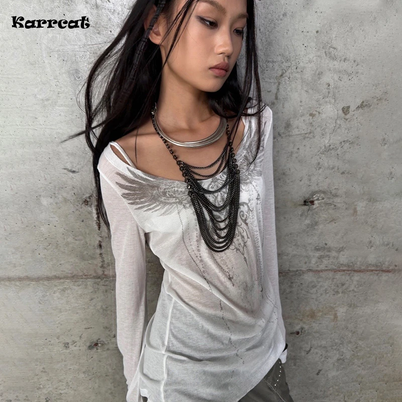 Karrcat Trashy Y2k Tattoo Print T-Shirt Grunge Ästhetik Langarm Strickoberteil Vintage Punk Transparente Streetwear Amerikanischer Retro-Stil