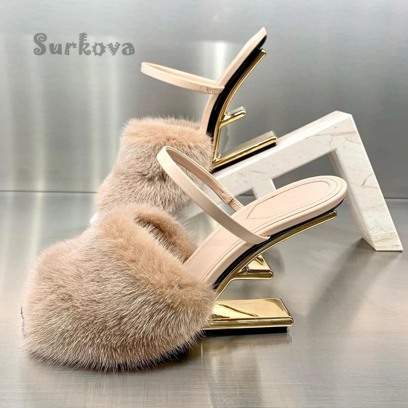 

French Fur Ankle Strap Pumps Popular Round Toe High Heel Peep Toe Sandals Strange Style Metal Heel Slippers Casual Women's Shoes