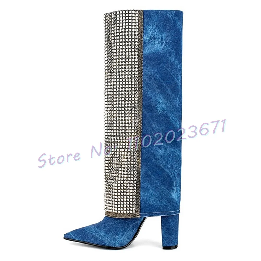 

Crystal Denim Splicing High Boots Women New In Pointy Bling Luxury Blue Block Heels Shoes Elegant Women Studded Knee High Boots
