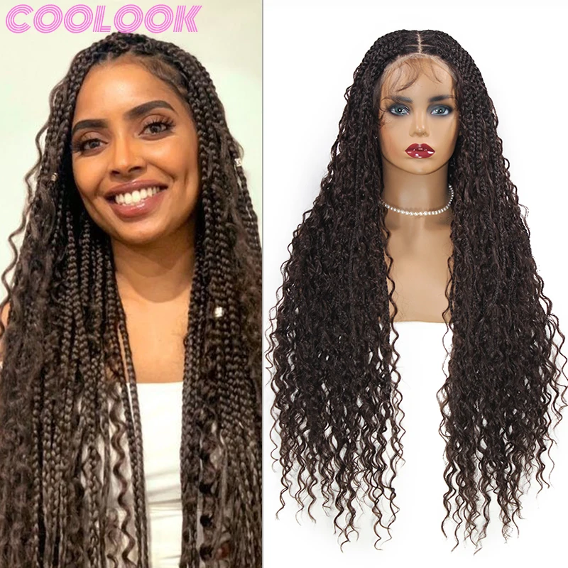 

Dark Brown Box Braided Full Lace Wigs 32'' Bohemia Goddess Square Part Braid Lace Front Wigs Synthetic Braids Wig with Curly End