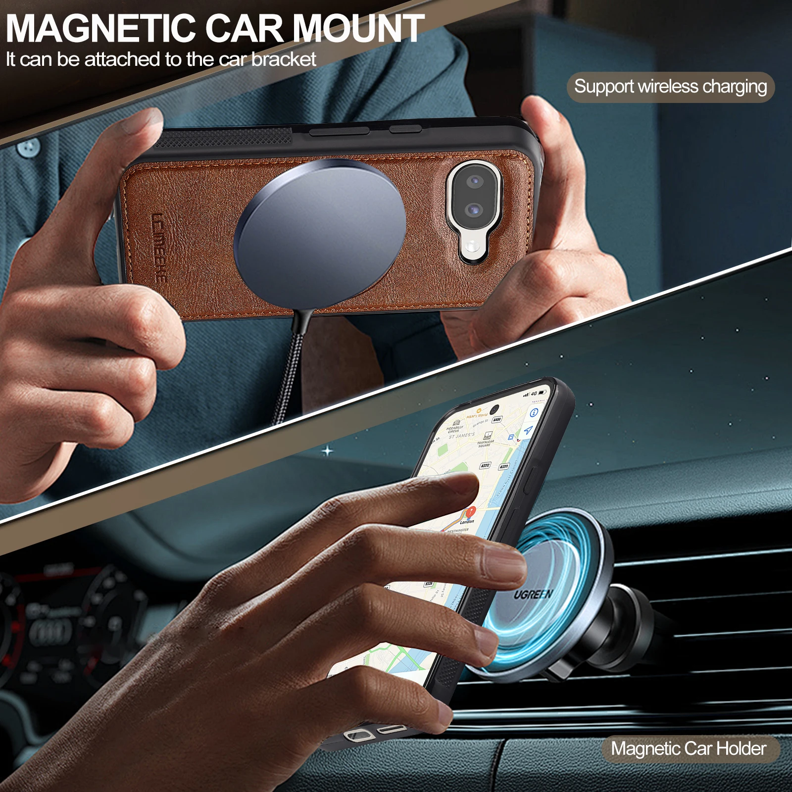 Luxury Magnetic Leather Phone Case with Wireless Charging and Shockproof Slim Fit Design
