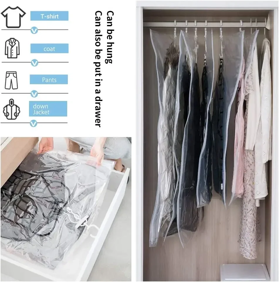 WIKHOSTAR Vacuum Bag For Clothes Hanging Vacuum Storage Bag Seal Storage Clothing Bags for Suits Dress Coats Closet Organizer