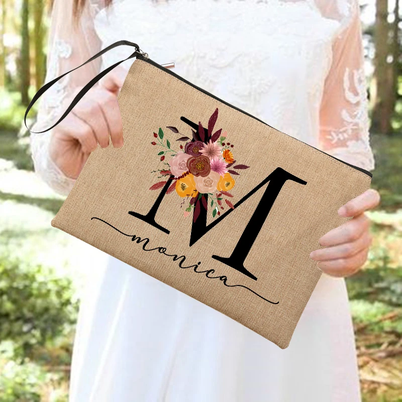 Cosmetic Bag Personalised Initial Name Cosmetic Bag Bridesmaid Makeup Bags Linen Pouch Travel Neceser Toiletry Organizer Wedding Gifts