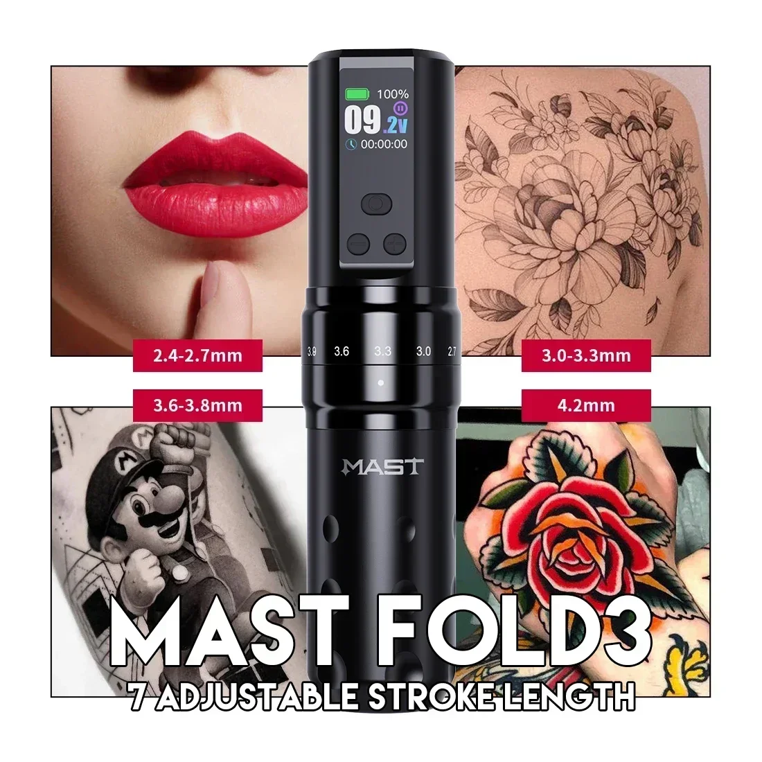 Mast Fold 2 PRO Wireless Tattoo Machine Pen Kit Adjustable 7 Strokes Color Screen Battery Pen PRO Cartridge Tattoo Supply Set