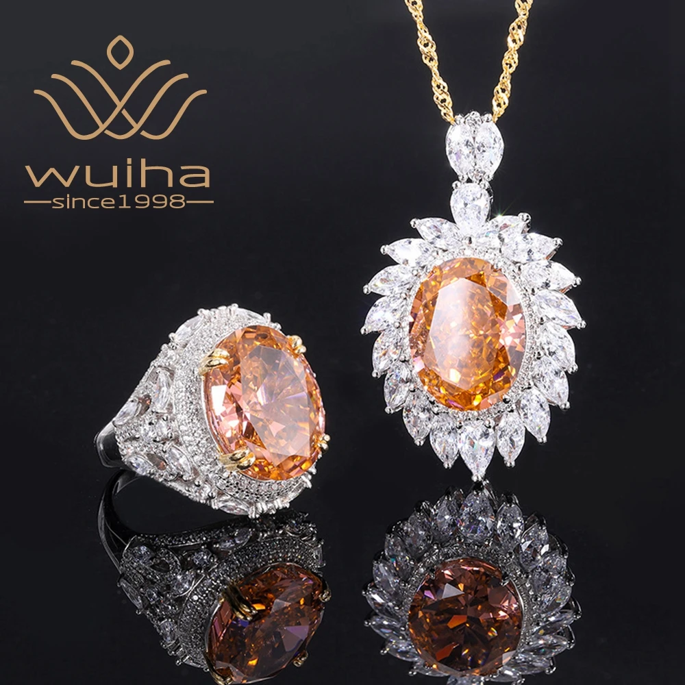 Wuiha Luxury 925 Sterling Silver 12*16Mm Padparadscha Corindone Anello/Ciondolo/Collana Anniversario Fine Jewelry Set Drop Shipping