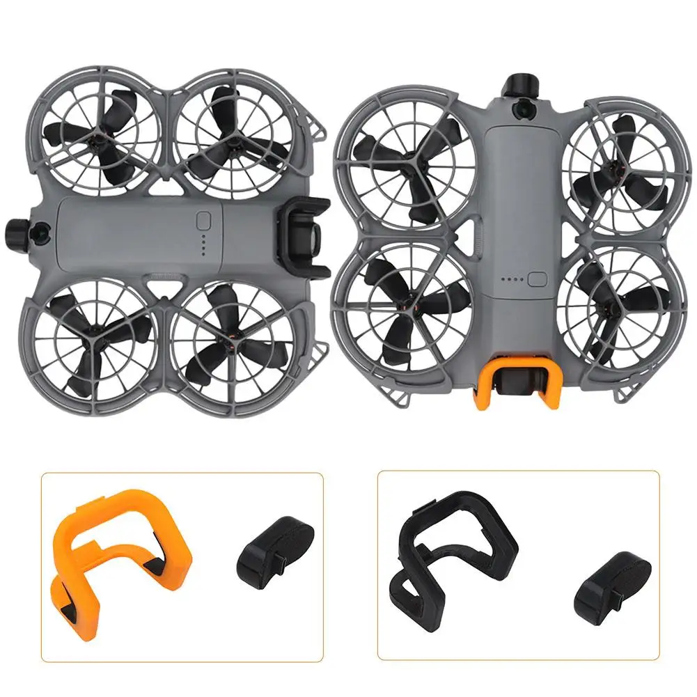 Détail des fixations de la protection anti-collision orange et noire, montrant la compatibilité avec le DJI Neo 2. Achetez Protection Anti-Collision pour DJI Neo 2 - Livraison Rapide.